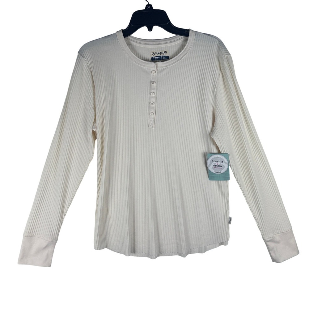 Magellan Outdoors Womens XL LS Ribbed Henley Whisper White Heather‎ 182967 NWT